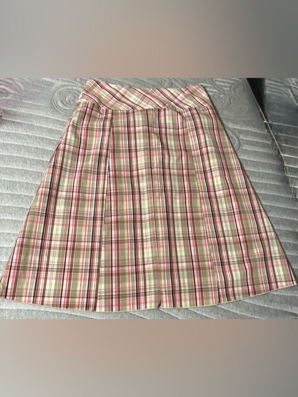 Plaid Midi Skirt in Pink and Tan